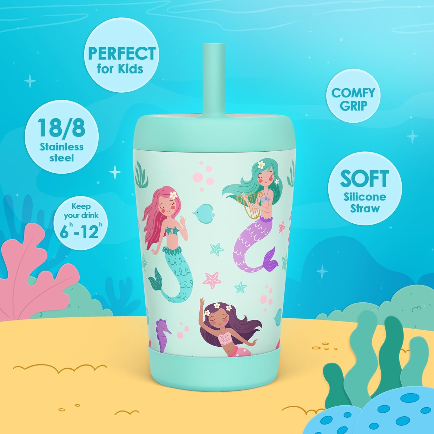 Kid Insulated Stainless Steel Tumbler with Silicone Straw, 12oz Sippy Cup for Kids (Magical Mermaids) - Image 2
