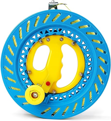 Bobinadora de cuerda para cometa de 8.7 pulgadas (diámetro) y línea de 1400 pies (120 libras) Rueda de cometa con cerradura resistente (azul, 8.7