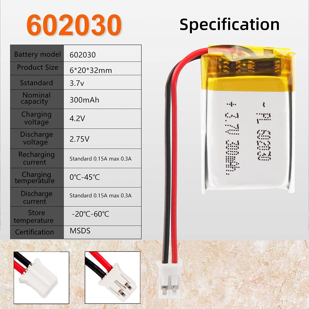 3.7V 300mAh Battery 602030 Lithium Polymer Ion Rechargeable Li-ion Li-Po Battery with 2P PH 2.0mm Pitch Connector — view 2