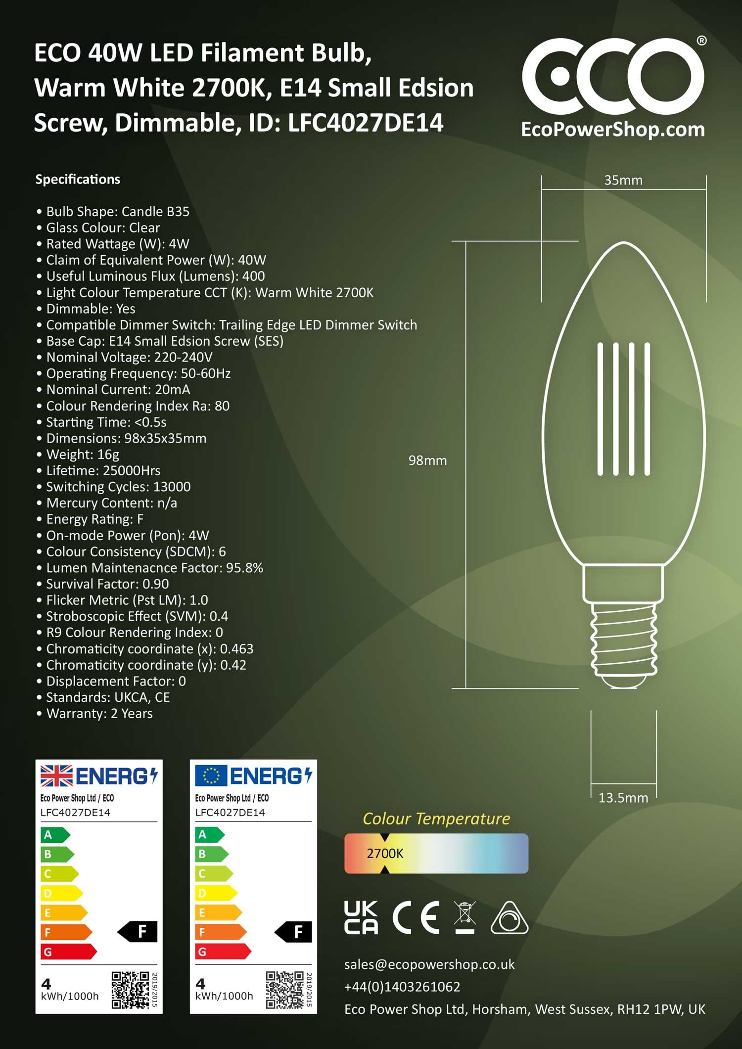 ECO Lampadina a candela dimmerabile a risparmio energetico da 40 W, con filamenti LED in stile vintage a bassa potenza, 400 lumen, attacco a vite piccolo E14, durata 25000 ore. (confezione da 12)