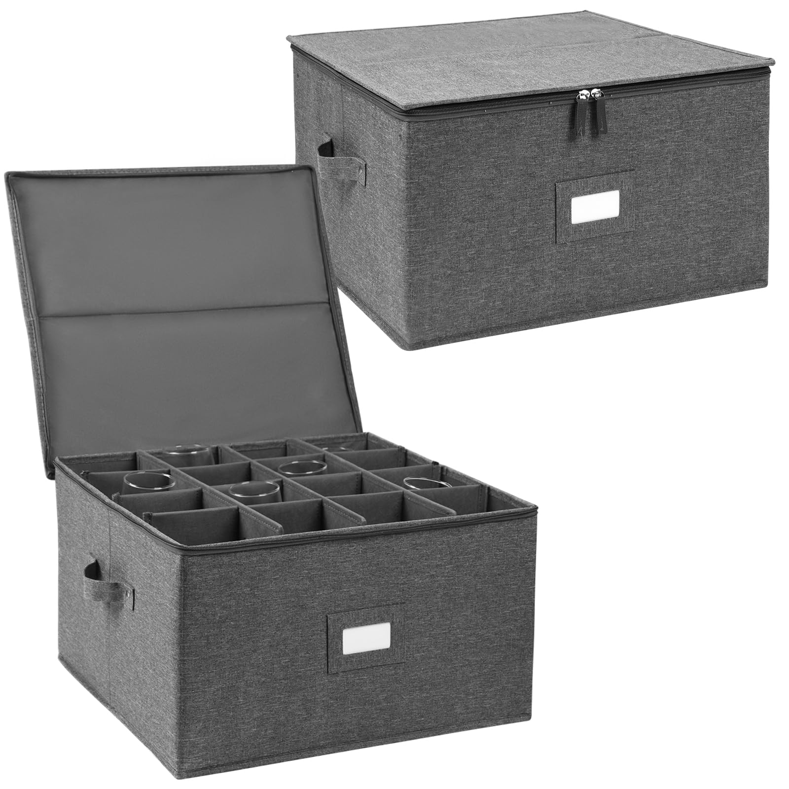Stemware Storage Cases 2 Pack, Wine Glass Storage Box Containers with Dividers for Glassware or Crystal, Holds 16 Red or White Wine Glasses, Hard Top and Stackable (Grey)