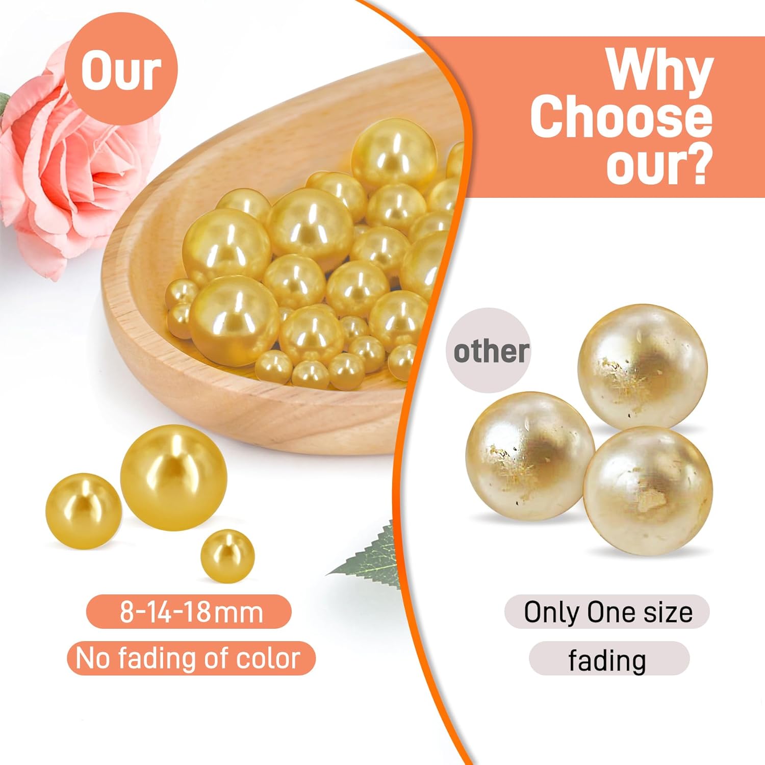 510Pcs Gold Vase Filler Pearl Beads for Centerpieces Vases, 8/14/18mm No Hole Faux Polish Pearls for Floating Candle Home Birthday Wedding Table Decor