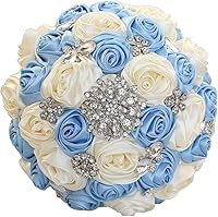 Vista 4 de Sharebeauty Ramo de novia de satén hecho a mano de 7.9 pulgadas, ramo de boda, ramo de flores artificiales