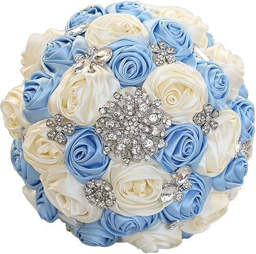 Sharebeauty Ramo de novia de satén hecho a mano de 7.9 pulgadas, ramo de boda redondo, ramo de flores artificiales, azul claro + marfil