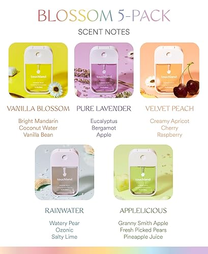 Miniatura 2 de Touchland Power Mist - Spray desinfectante de manos hidratante, BLOSSOM paquete de 5 (lavanda, vainilla, agua de lluvia, melocotón, manzano), 500