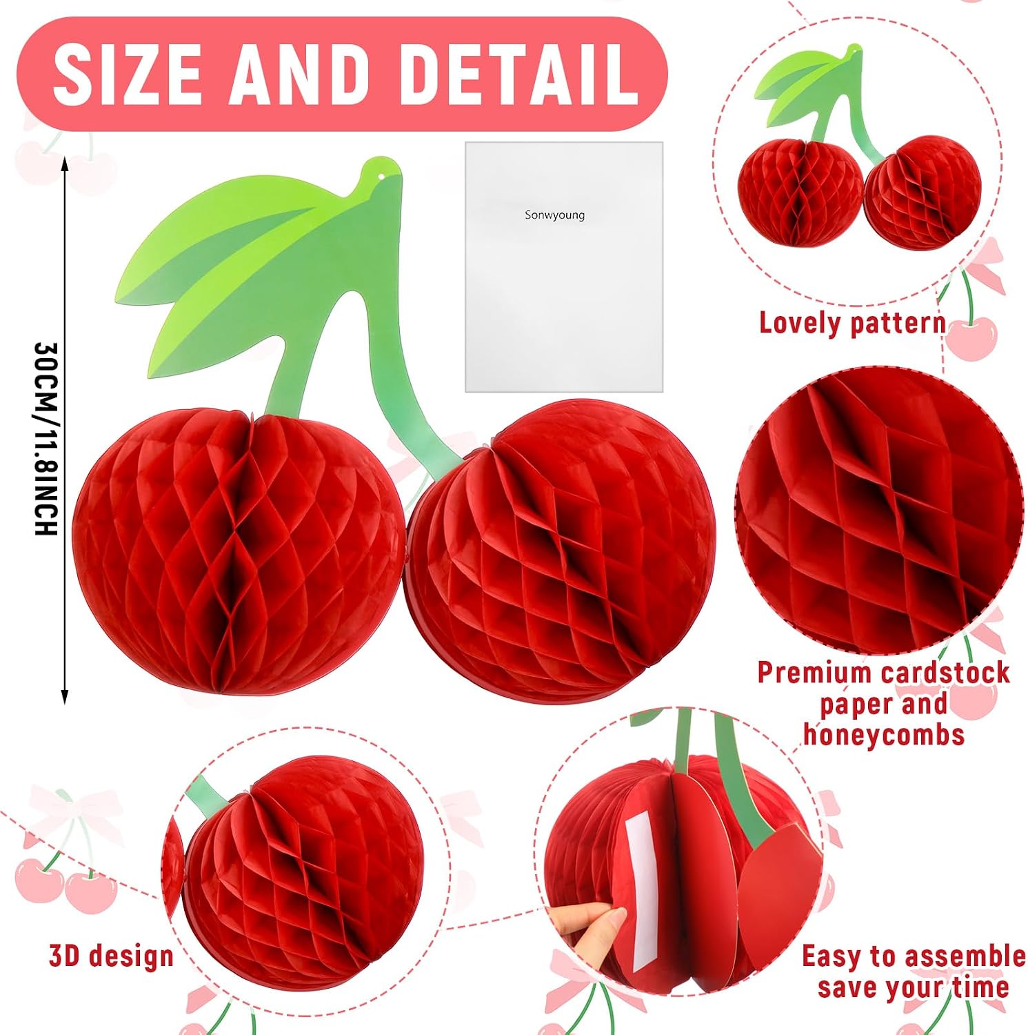 Cherry Birthday Party Decorations Hanging Paper Honeycomb Cherry Table Centerpieces Paper Lanterns for Ceiling Fruit Party Decor(Red)