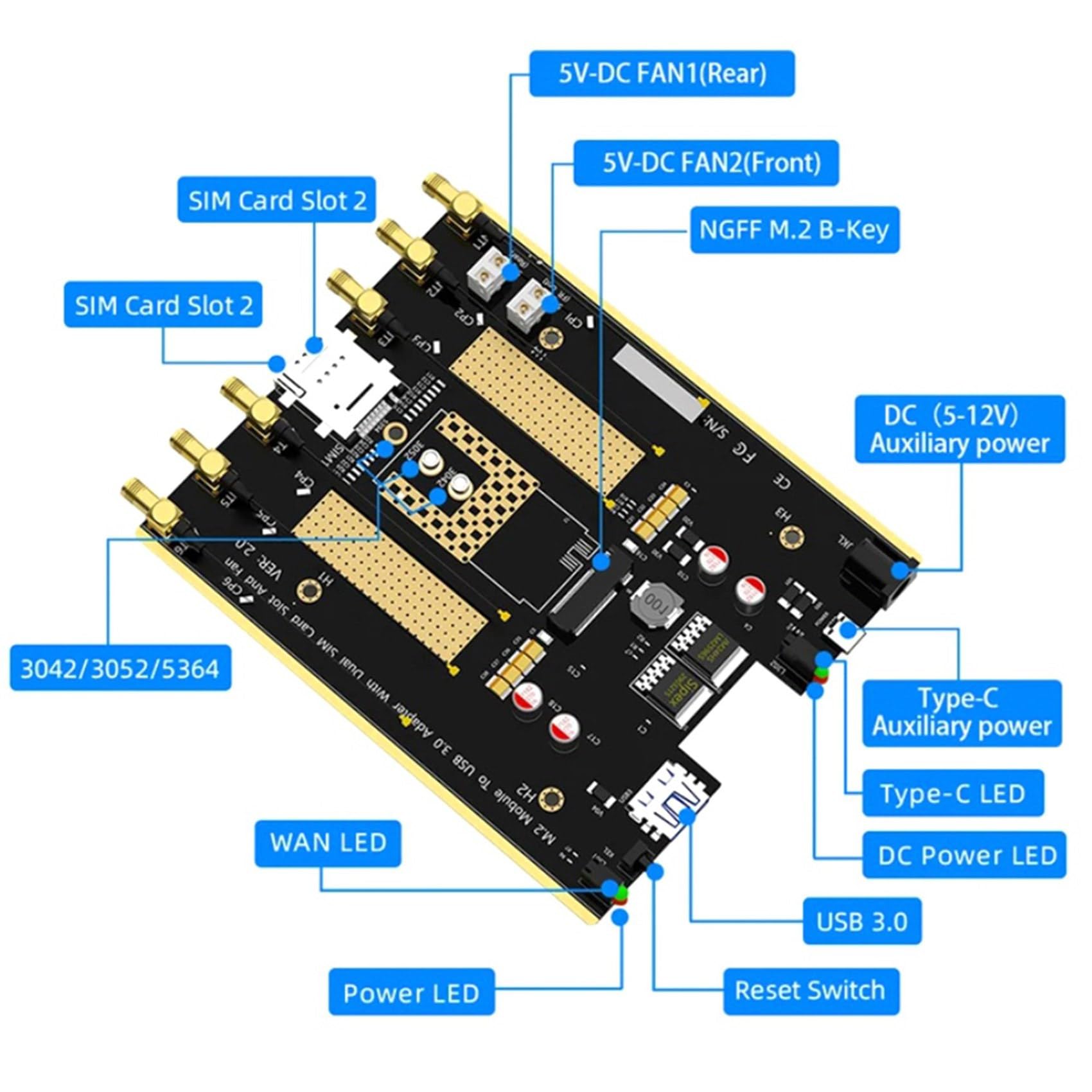 2X Adattatore NGFF da M.2 A USB 3.0 Riser per Scheda Wireless Doppia Ventola di Raffreddamento Slot per Scheda SIM per Modulo SIM/Micro-SIM/Nano SIM 4G 5G