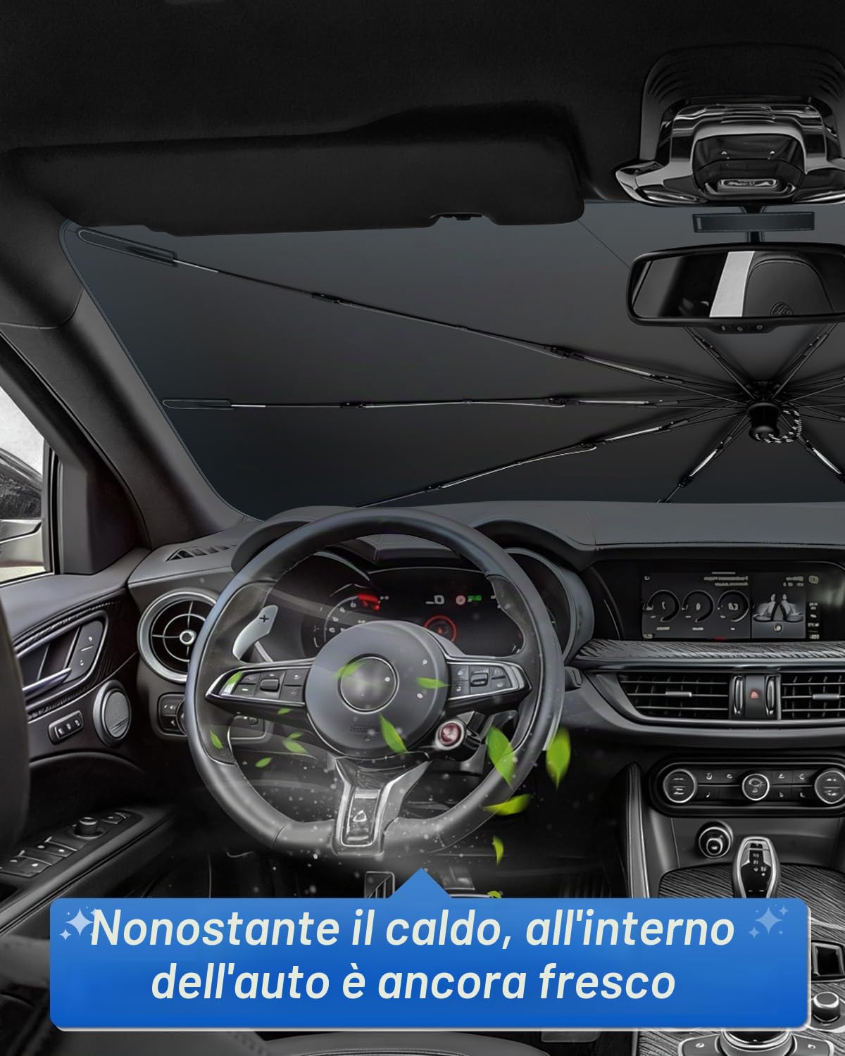 SHAOHAO Compatibile con Alfa Romeo Stelvio SUV 2017-2026 Parasole per auto Parasole per parabrezza Facile da riporre Maniglia con cordino Protezione UV Accessori parasole