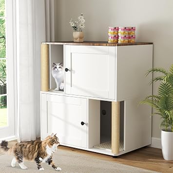 Yafylly Double Litter Box Enclosure for 2 Cats, 2-Tier Cat Litter Box Furniture with Scratching Posts & Litter Mat, Hidden Cat Litter Cabinet, Space Saving Vertical Design, Fits Most Litter Boxes