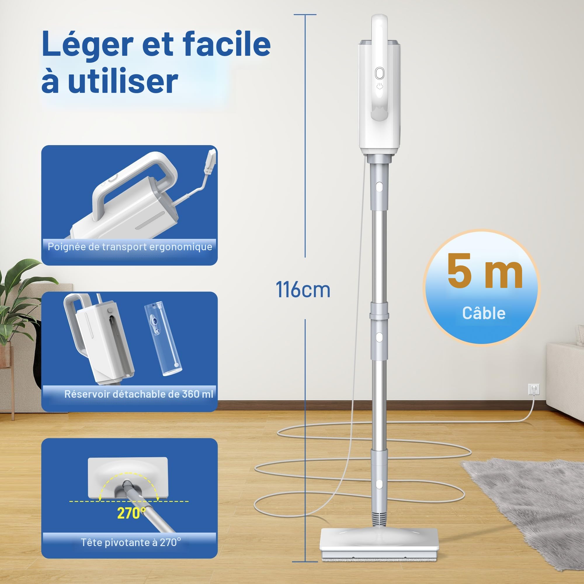 Balai Vapeur Multifonction Ariceck FV07 | 6 en 1 | Chauffage rapide en 15 secondes | Élimination de 99,9% des bactéries et acariens | Compatible avec les sols en bois dur et les carreaux