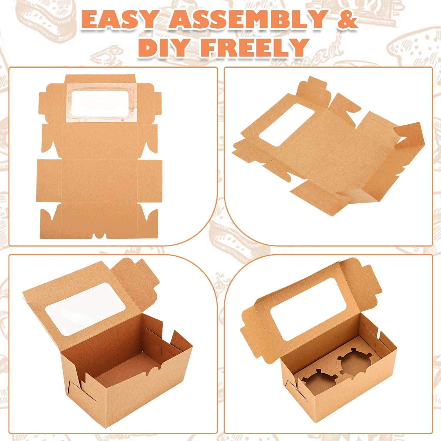 AKOLAFE 100 Set Brown Cupcake Boxes 2 Cupcake Holder with Lid To Go Cupcake Containers Reusable Cardboard Cupcake Boxes Bulk with Clear Window Cupcake Carrier for Cup Cake Packaging Transport Storage