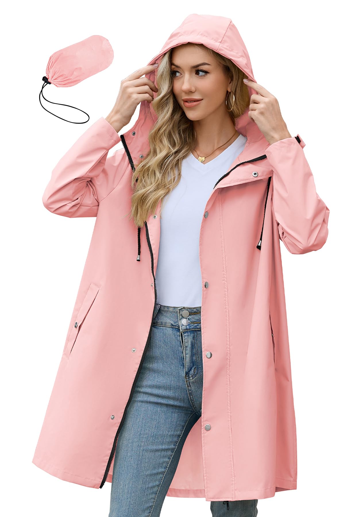 Zando Long Packable Rain Jacket Women Waterproof Raincoat with Hood