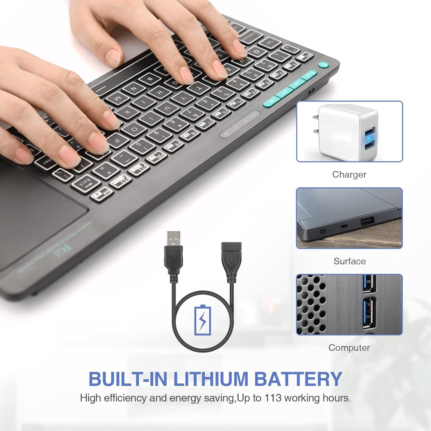 (Dual Mode) Rii RT518S Wireless and Bluetooth 2-LED Color Backlit Multimedia Keyboard with Multi-Touch Big Size Trackpad,Rechargable Keyboard for Android TV Box,PC,Tablets,Smart TV, HTPC, IPTV,Windows
