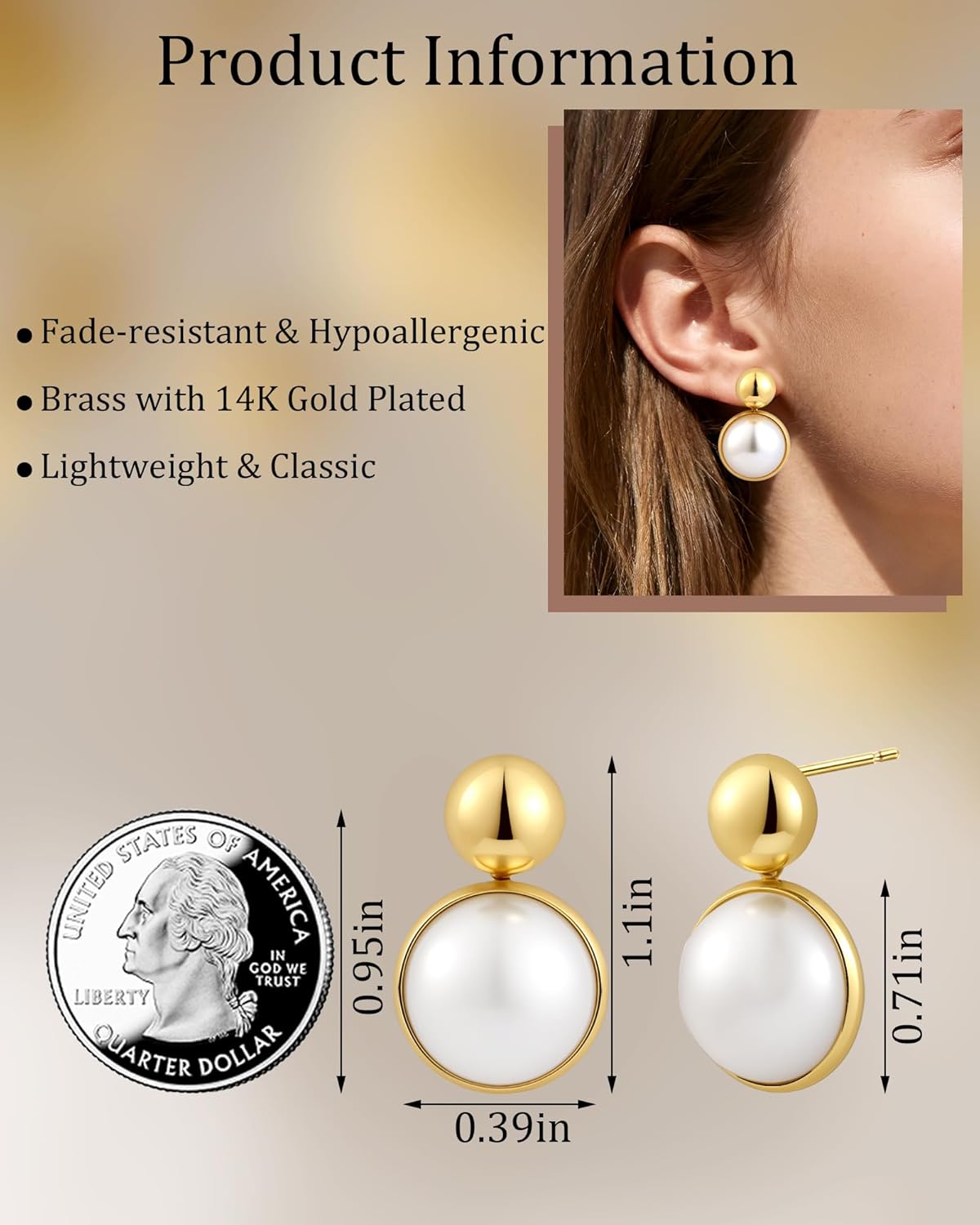 14K Gold Plated White Pearl Stud Drop Dangle Round Bride and Bridesmaids Wedding Earrings for Women - Image 7