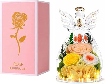 Preserved Flower Arrangement with LED Light Base, Glass Angel Dome with Champagne and Austin Roses for Women Mom Grandma Wife Girlfriend,for Mothers Day,Valentines Day,Birthday,for Indoor Decoration