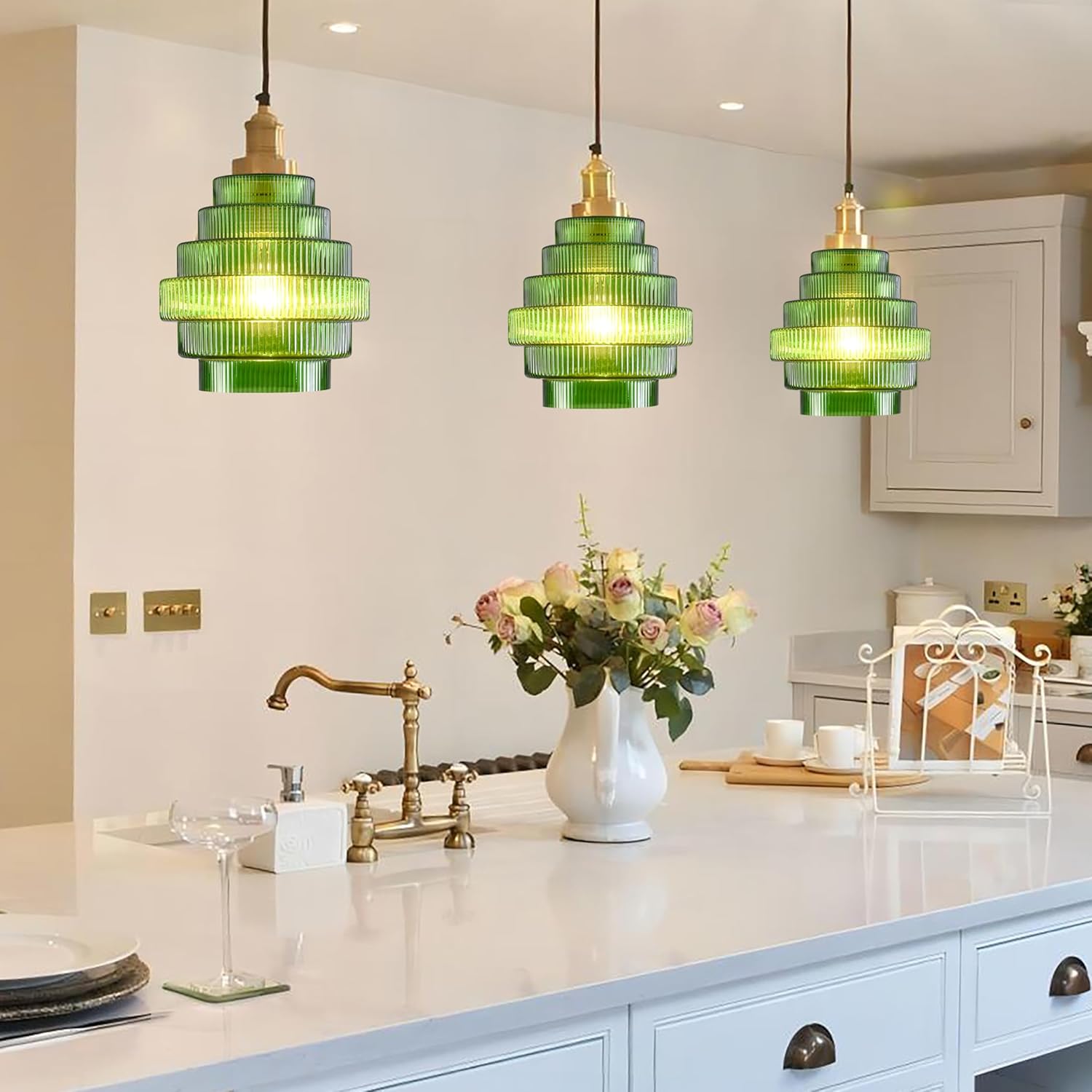 2 Pcs Green Stripes Glass Small Lamp Shades For Kitchen Island Pendant Lamp Shade, 5.71" Max Diameter x 6.3" Height,1.65" Top Fitter,Replacement Mini Shade for Wall Lamp Chandelier Decor -By GO&SO