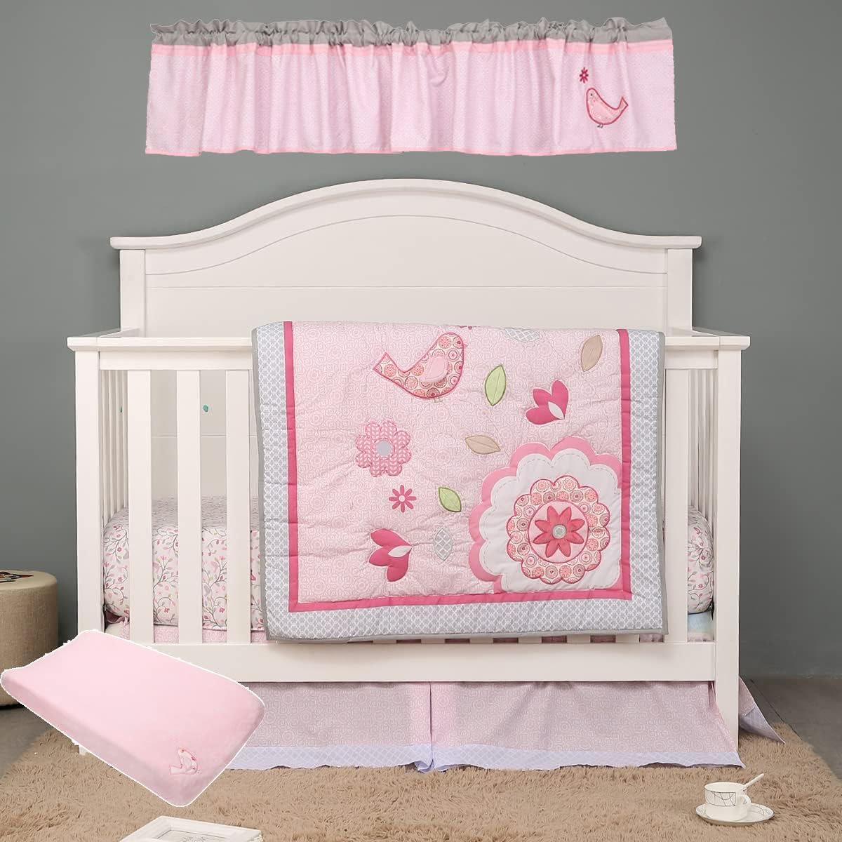 Pink Floral Bird Embroidery Nursery Crib Bedding 7 Pieces Set Baby Girl Pink Grey Flower Bird Cot Bedding Set