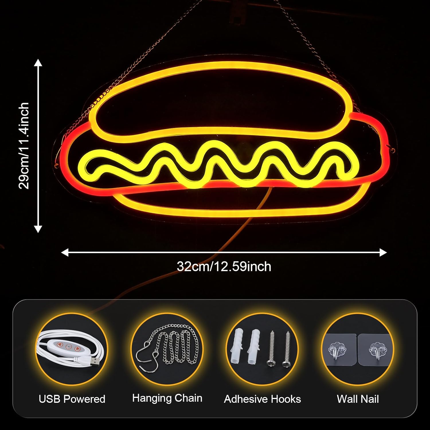 Hot Dogs Neon Sign for Wall Decor, Business LED Neon Light, Fast food Neon Light, hotdog Signs for Restaurant, Kitchen, Party, Hot Dog Lovers Food Decor, USB Powered, Size 12.5 * 11.4in