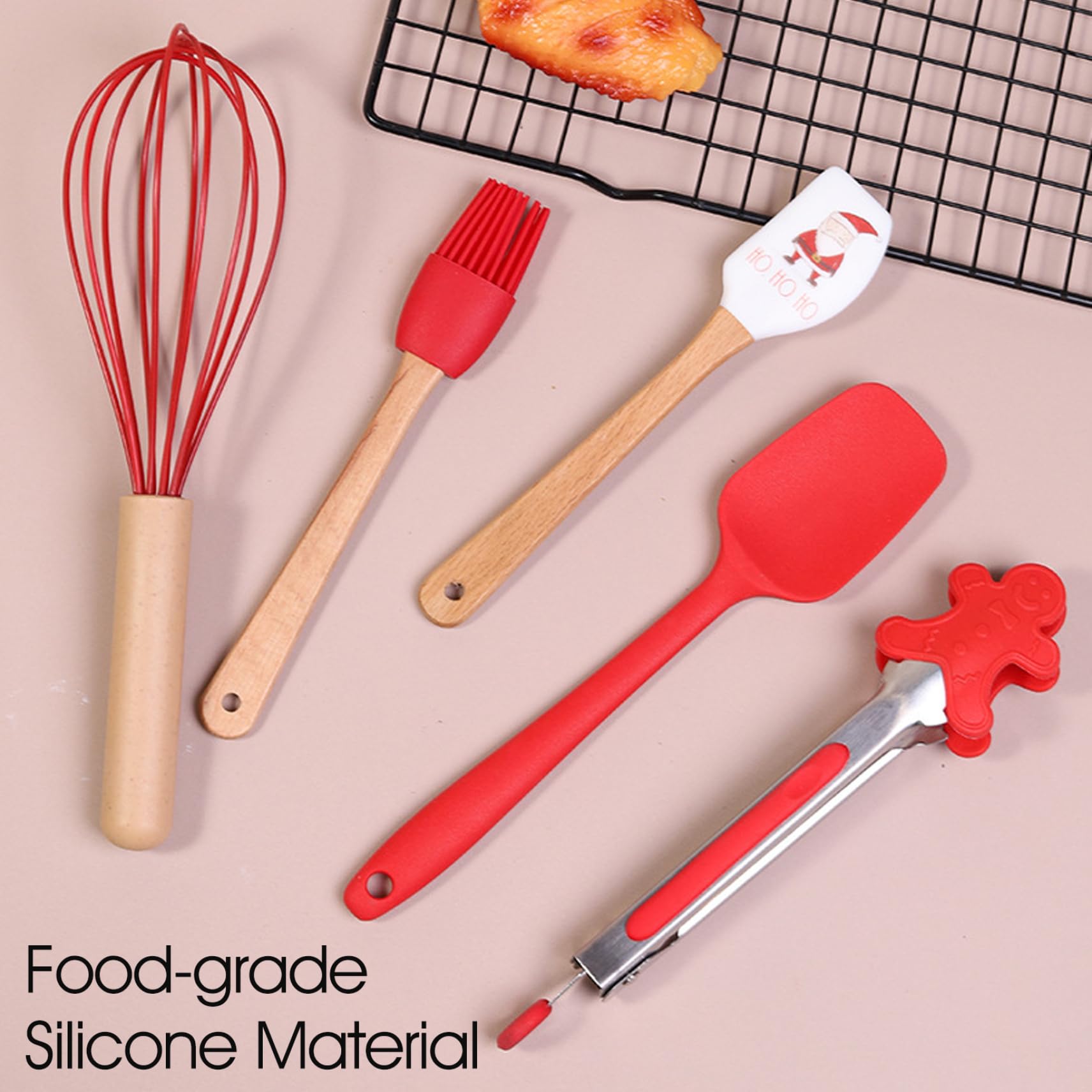 Lot de 5 fournitures de pâtisserie Noël, spatule Noël sur le thème qualité alimentaire avec fouet, pince, brosse, ensemble d'outils cuisson mignons pour cuisiner, sauter, mélanger, servir