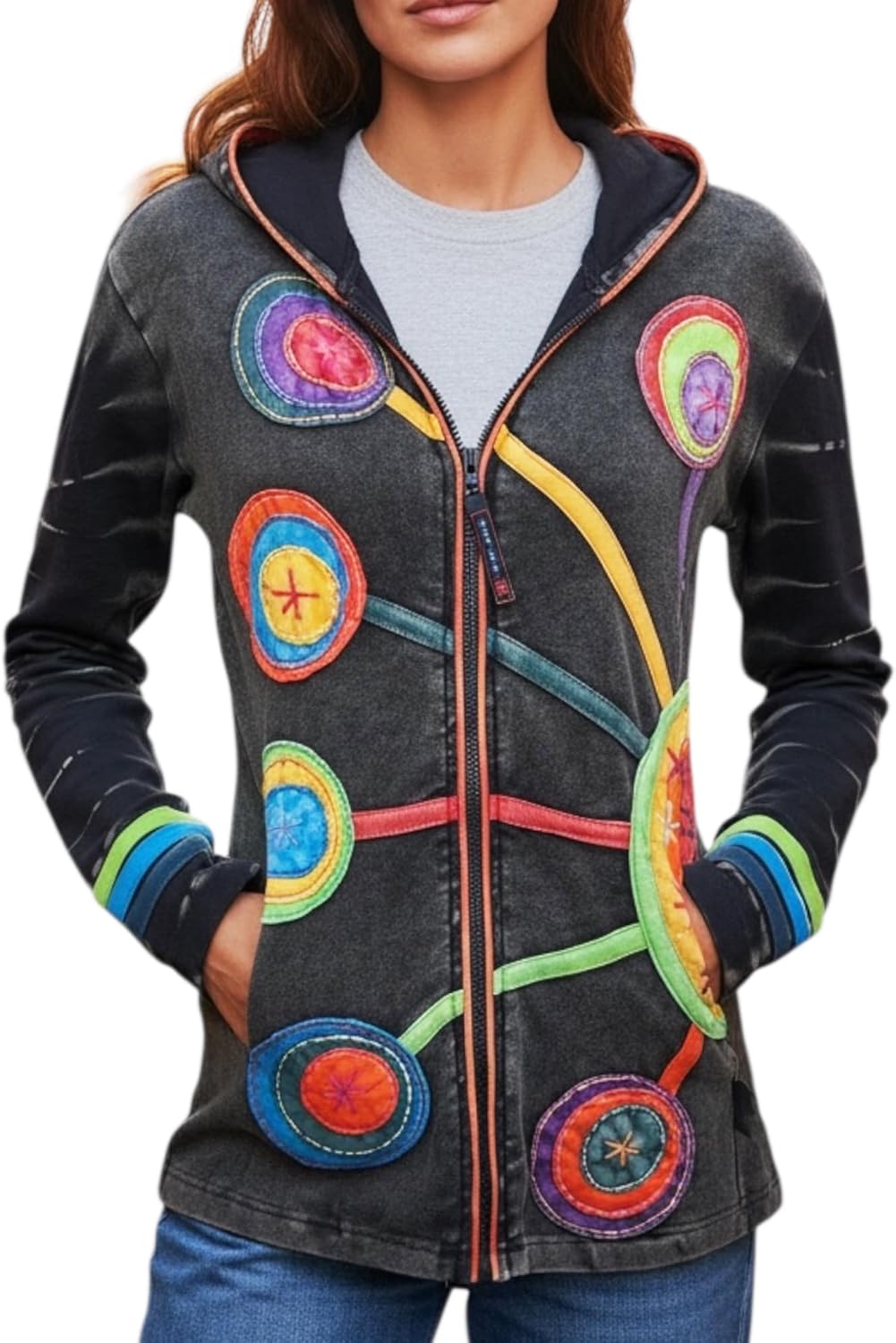 Agan Traders 2026 Embroidered Jackets for Women - Boho Tie Dye Patch Distressed Lightweight Women's Zip Up Hoodies Sweatshirt