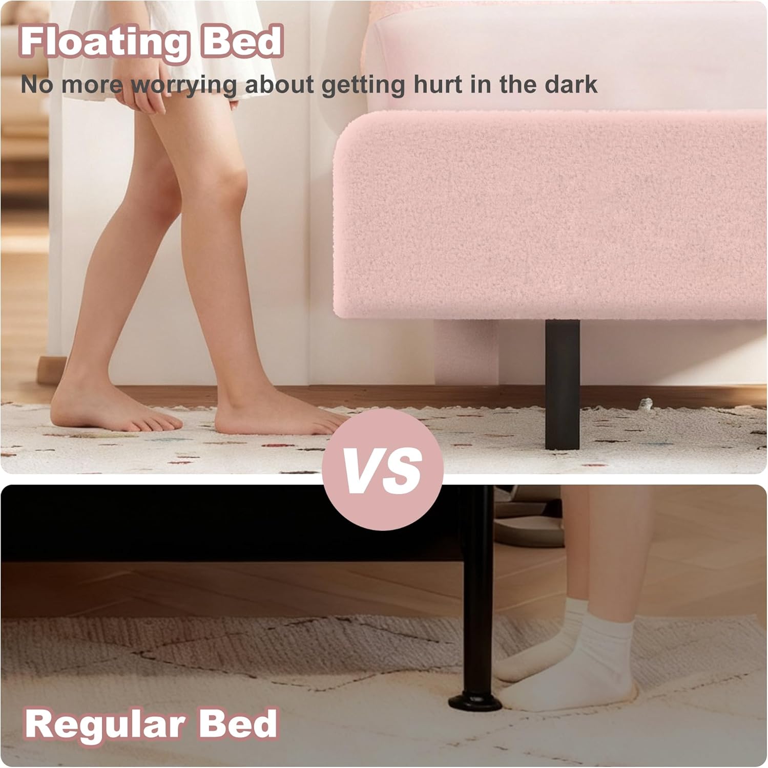 Cookie Twin Upholstered Bed Frame with LED Lights, Floating Bed Frames with Adjustable Headboard and Raised Footboard for Princess/Prince Bedroom, Teddy Velvet（Pink）