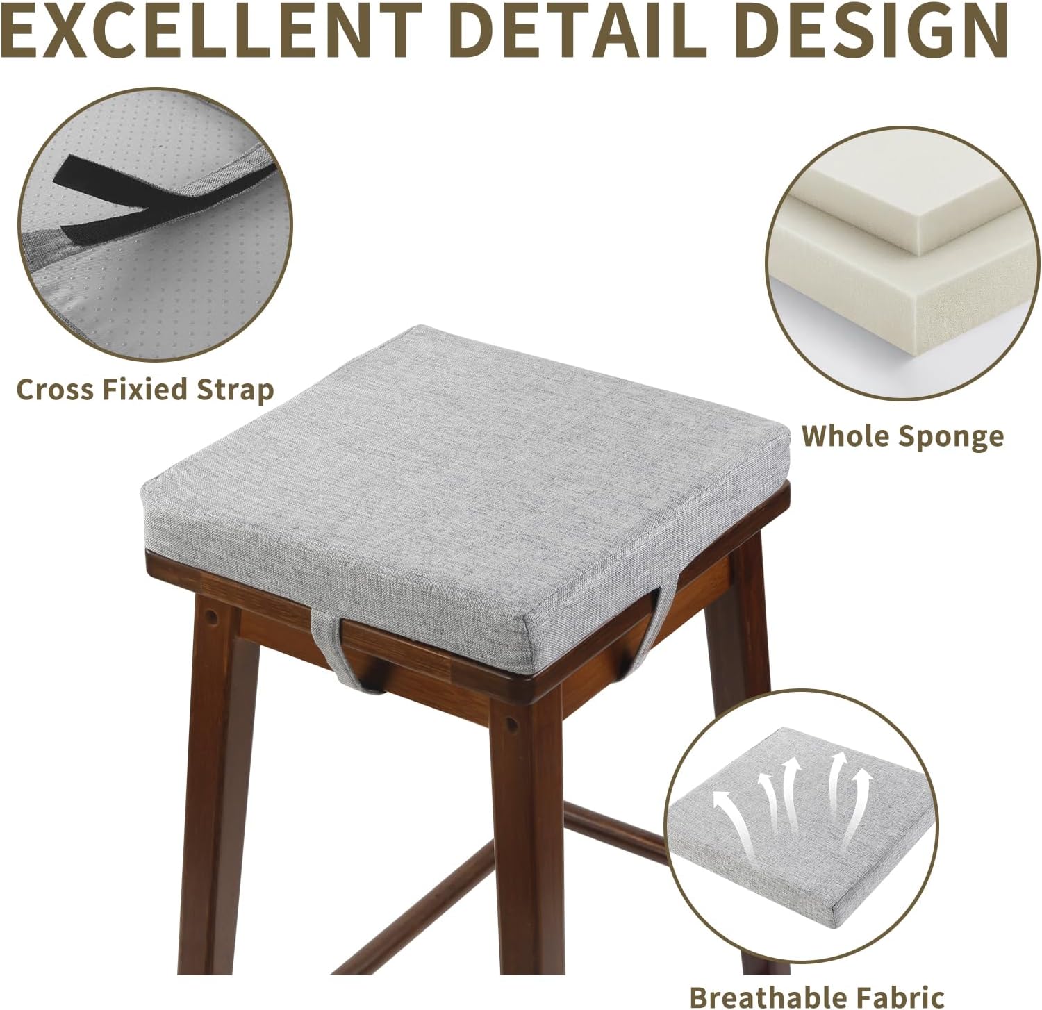 Square Bar Stool Cushions Set of 4, Anti-Slip Bar Chair Pads with Ties, Small Seat Cushions Suitable for Bistro Coffee Shop Stools, 12 x12 x 2 inch, Grey
