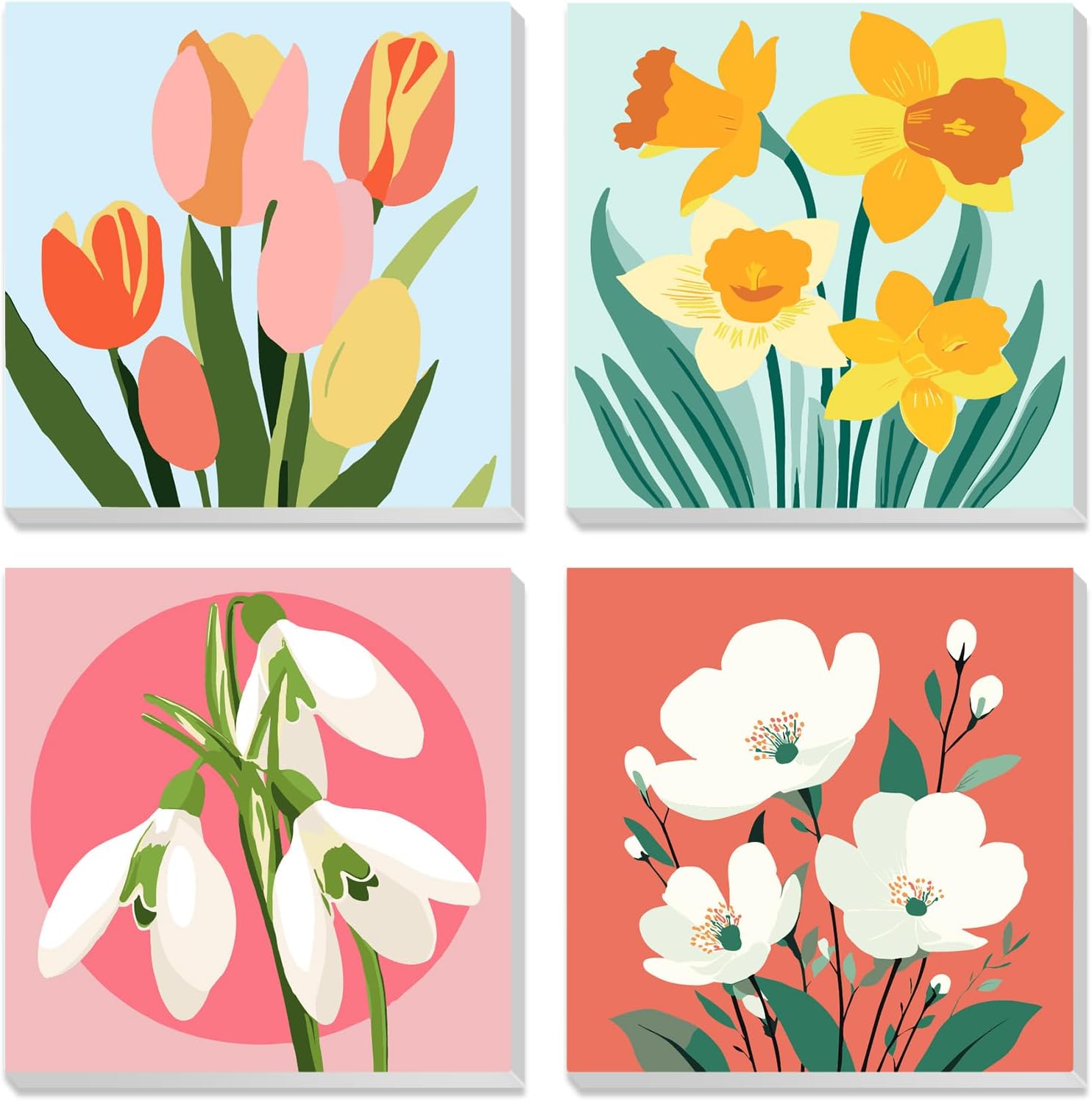 MXJSUA 4 Pack Framed Canvas Paint by Numbers for Kids Adults, Flowers Tulips Paint by Numbers Kit for Children Beginners, DIY Acrylic Painting Craft Kits for Home Wall Decor, 20x20cm