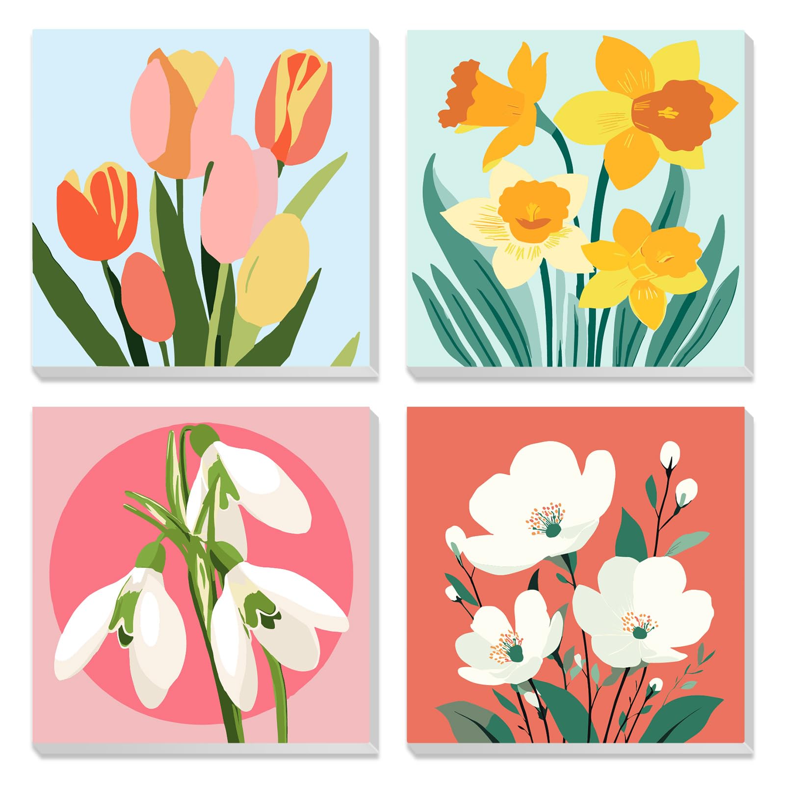 MOTGOM 4 Pack Paint by Numbers Kits for Adult with Frame Wooden Easel, DIY Color Oil Painting Acrylic Paints Spring Flowers, Canvas Oil Painting for Gifts Home Wall Decor 20x20cm