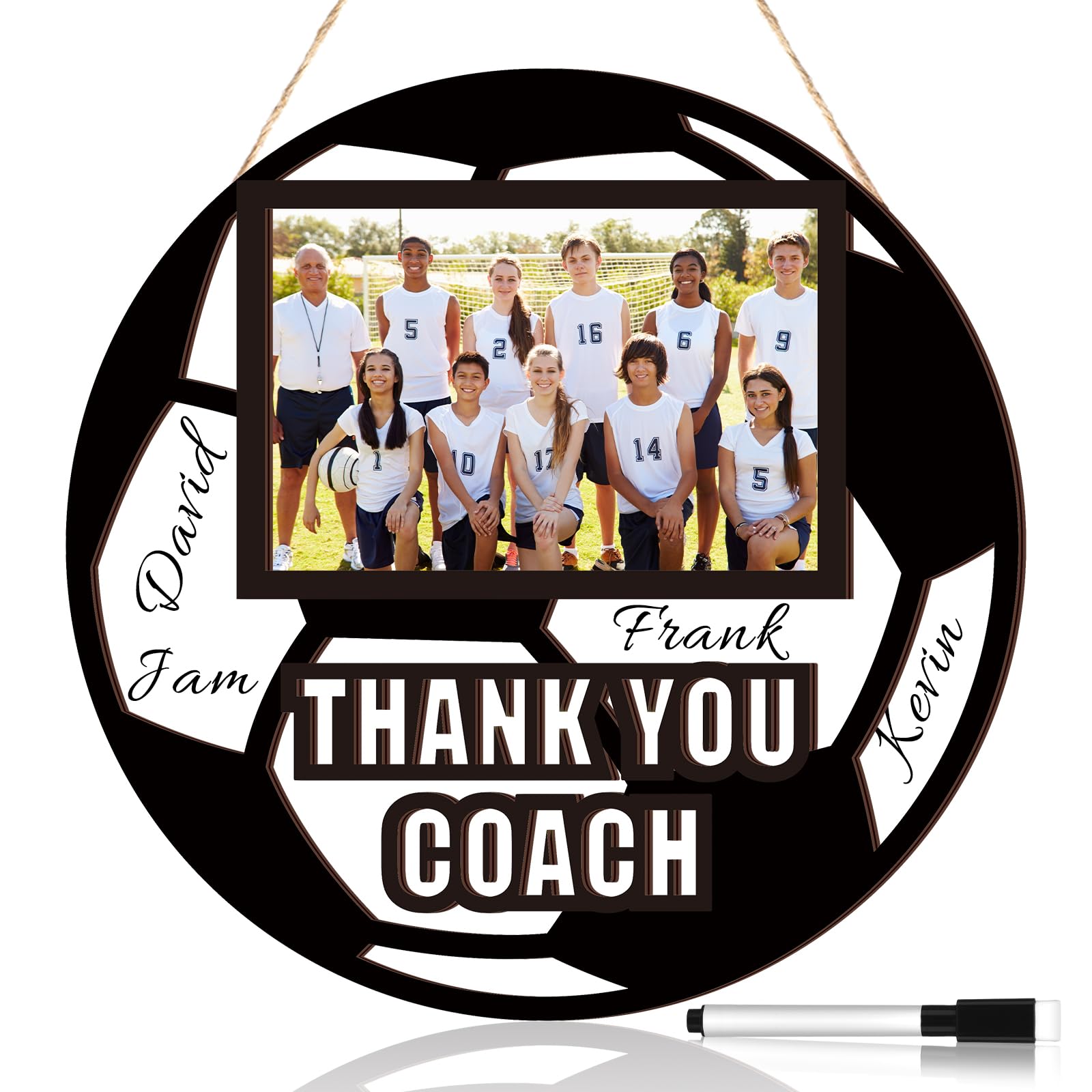 Photo 1 of Qunclay Sports Signable Picture Frame with Pen Thanks Coach Gift from Team Fits 4 x 6 Inches Photos Wooden Picture Frame Graduation Coaches Appreciation Plaque Gifts(Soccer)