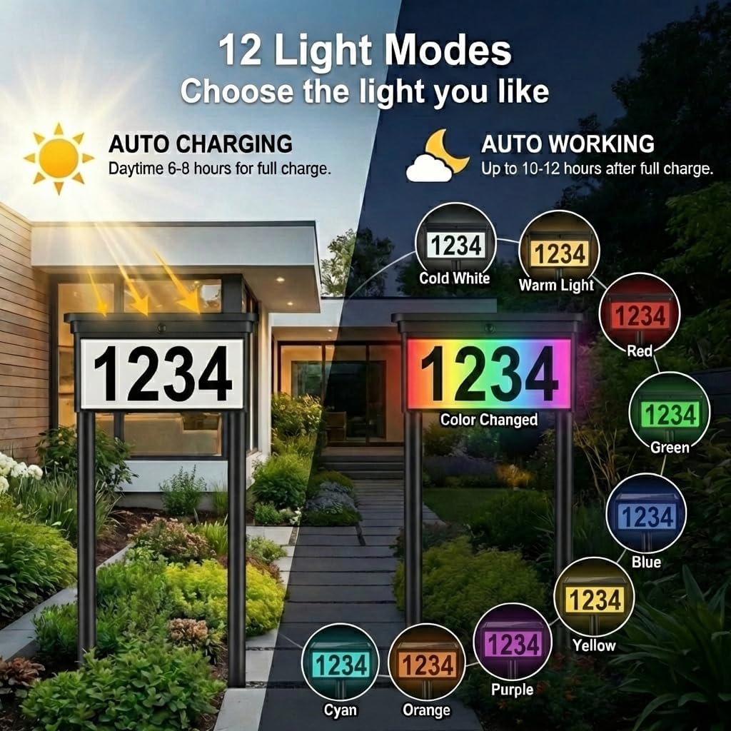 2-Pack Solar Address Signs for Yard: 29" Double-Sided Lighted House Numbers, 12 Color Modes, Ideal for Driveway Entrance Symmetry, Waterproof LED Address Plaque, 8 Sets Numbers & 4 Sets Letters