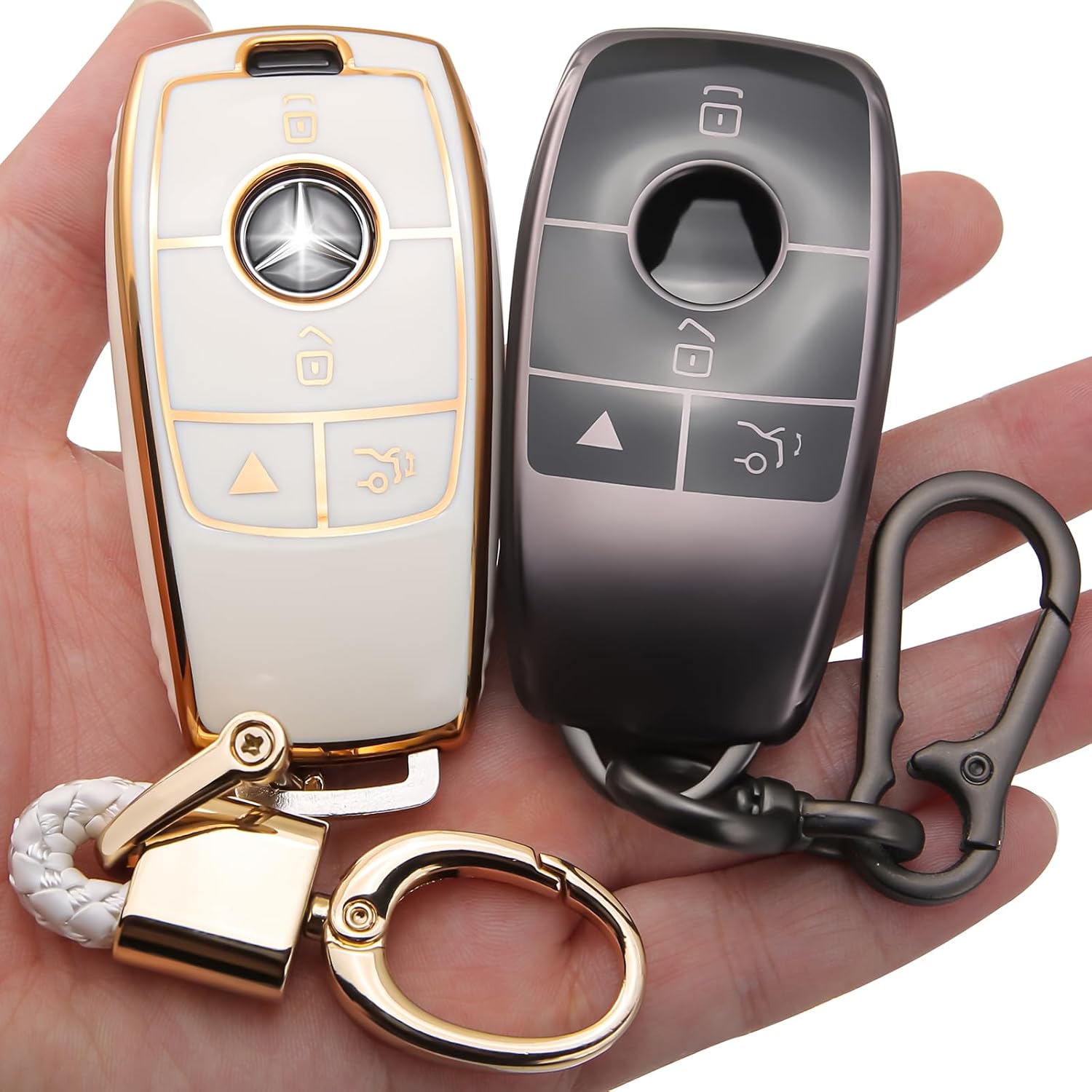 2PCS Compatible with Mercedes Benz Key Fob Cover Fits 2016-2025 GLA GLB GLC EQA EQB GLE GLS SLC A/B/C/E/G/Class 200/300/350/400/450/500/560/600/680 Accessories Grey/White