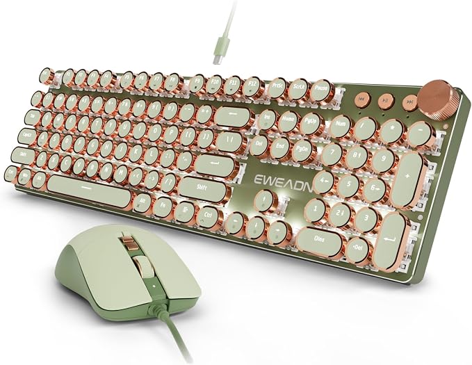 SEUNKWANG Wired Typewriter Keyboard and Mouse Combo, Retro Mechanical Keyboard with Multimedia Knob, White Backlit, Metal Panel, Low Noise Pink Switch Keyboard Mouse Set for PC Laptop - Green