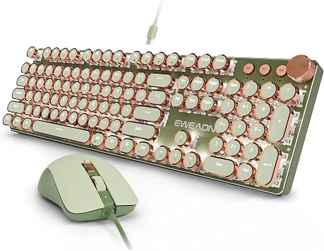 SEUNKWANG Wired Typewriter Keyboard and Mouse Combo, Retro Mechanical Keyboard with Multimedia Knob, White Backlit, Metal Panel, Low Noise Pink Switch Keyboard Mouse Set for PC Laptop - Green