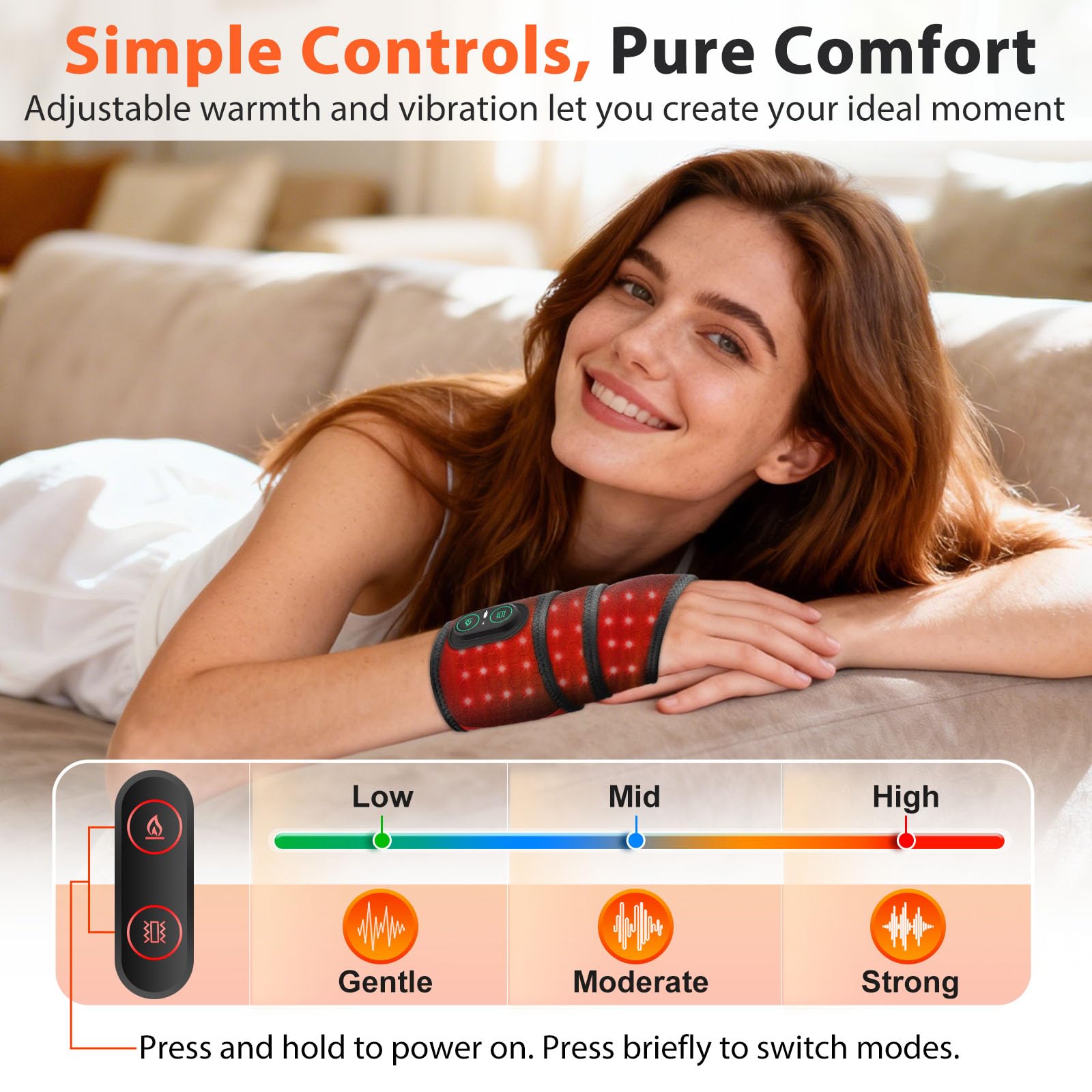 Almohadilla Térmica Para Muñeca Inalámbrica Con Vibración, Soporte Térmico Para Muñeca Portátil Con Luz Roja 660nm, 3 Niveles De Calor, 3 Modos De Vibración, Batería Integrada 3000mAh, Longitud 69cm
