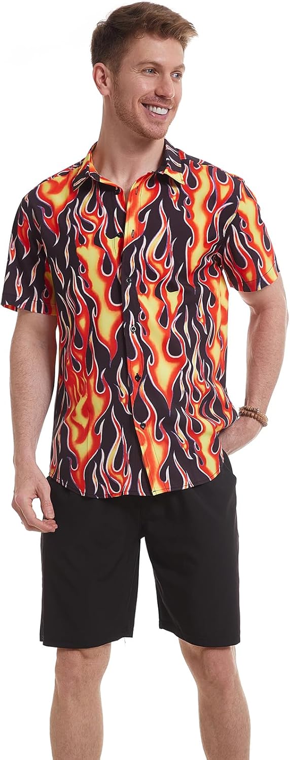 Men's Flame Stylish 3D Printed Graphic Short Sleeve Shirts Casual Fashion Print Button Down Shirt - Image 5