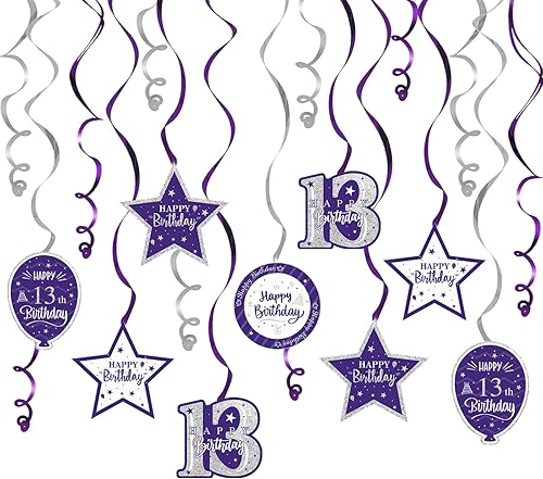 Miniatura 95 de Serpentinas de remolinos de cumpleaños feliz de 16 años con purpurina azul y plateada - Kit de 15 piezas de remolinos colgantes para el kit