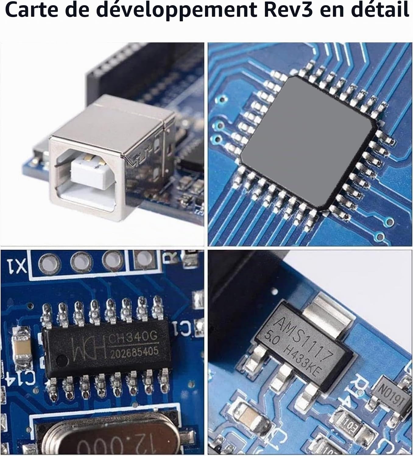 Rev3 Conseil de Développement avec 328 Microcontrôleur Binghe 4 pièces Rev3 Carte avec USB Câbles 16 MHz 2 KB pour Les projets électroniques Compatible avec Arduino