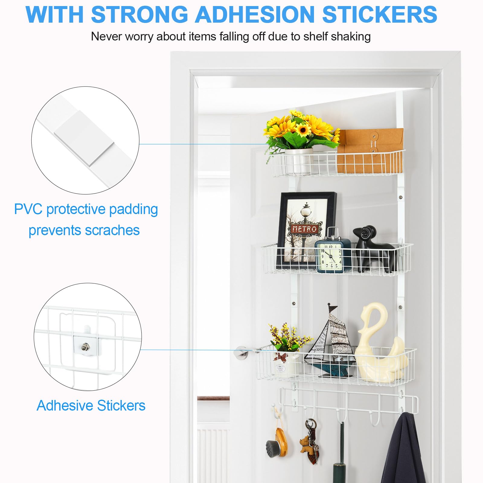 Over The Door Hooks Hanger Organizer, Coat Hooks Towel Rack with 3 Mesh Basket 5 Hooks Hanging Storage Spice Rack for Bathroom Bedroom Kitchen Back of Door Storage Shelves, White