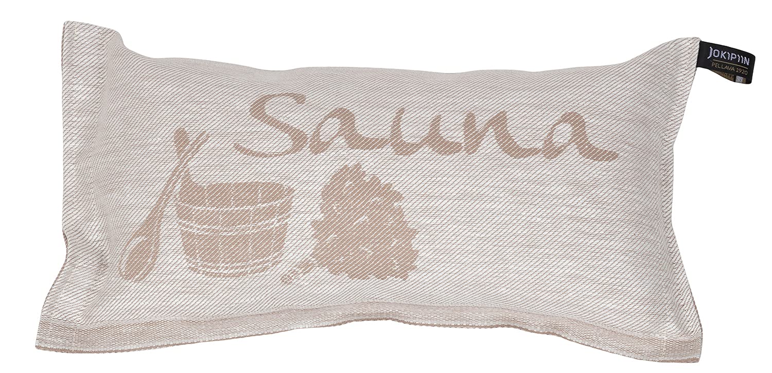 JOKIPIIN | 1 x Lieblings-Saunakissen Reisekissen | Design: Sauna | Maße: 40 x 22 cm, Leinen/Baumwolle | schadstoffgeprüft Ökotex 100 | Made in Finnland (Beige/Weiß)