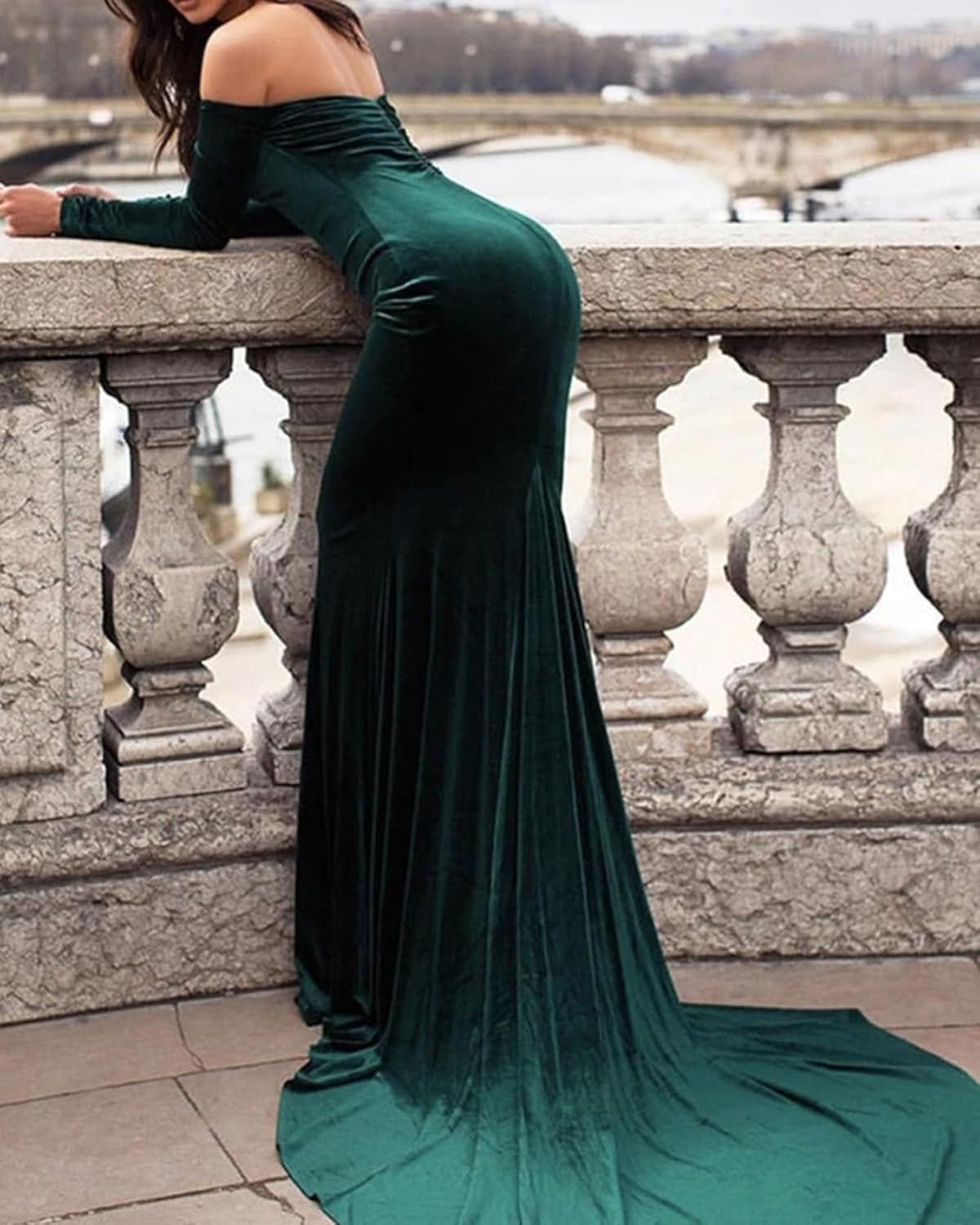TTYBridal Velvet Off Shoulder Court Train Prom Dress Mermaid Evening Gown with Long Sleeves EV004E - Image 2