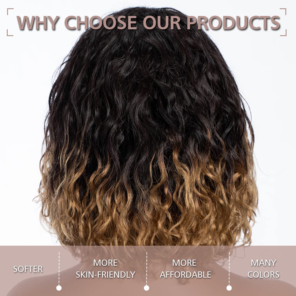 FASHION IDOL Bob Perruque de Cheveux Humains Bouclés pour Femmes Noires 25CM Brésilienne Vierge de Cheveux Humains Courte Perruque Ondulée en Eau Profonde avec Frange 150% Densité (25CM, Or)