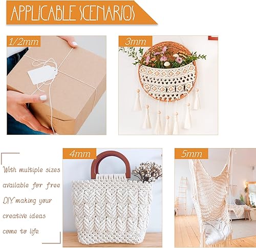 Miniatura 6 de Cuerda de macramé de una sola hebra de 0.197 in x 110 yardas, cuerda de macramé de algodón natural de 0.197 in, cuerda de algodón grueso para colgar
