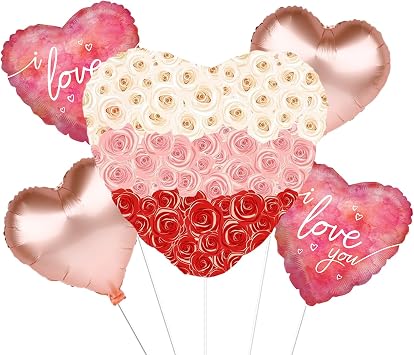 Love Theme Heart Balloon Bouquet Set of 5, 3 Styles Heart-Shaped Balloons for Anniversary, Birthday Party, Wedding, Valentine, Room Decoration