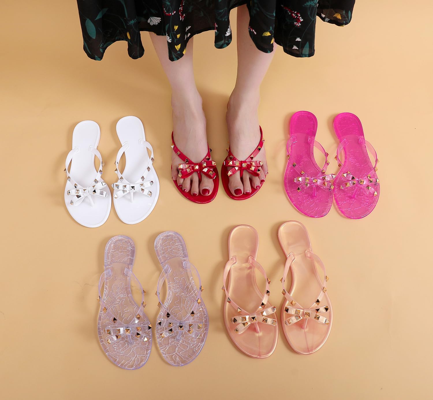 Studded Jelly Shoes for Womens Bow Flip Flops Jellies Sandals Flat Black... - Picture 44 of 174