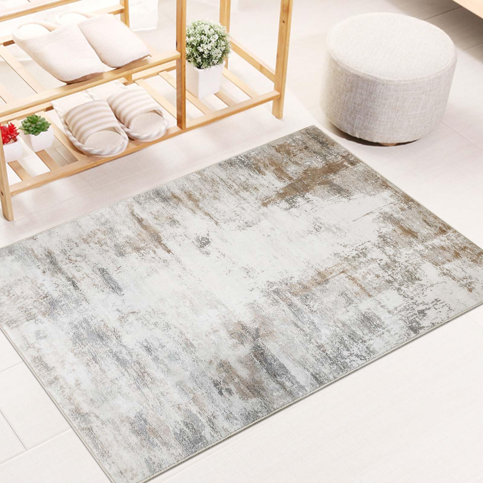 Famibay Rug Living Room Bedroom Beige Brown Rug Washable Small Modern Living Room Rug Short Pile Abstract Bed Rug 60 x 90 cm for Kitchen Hallway Entrance Front Door