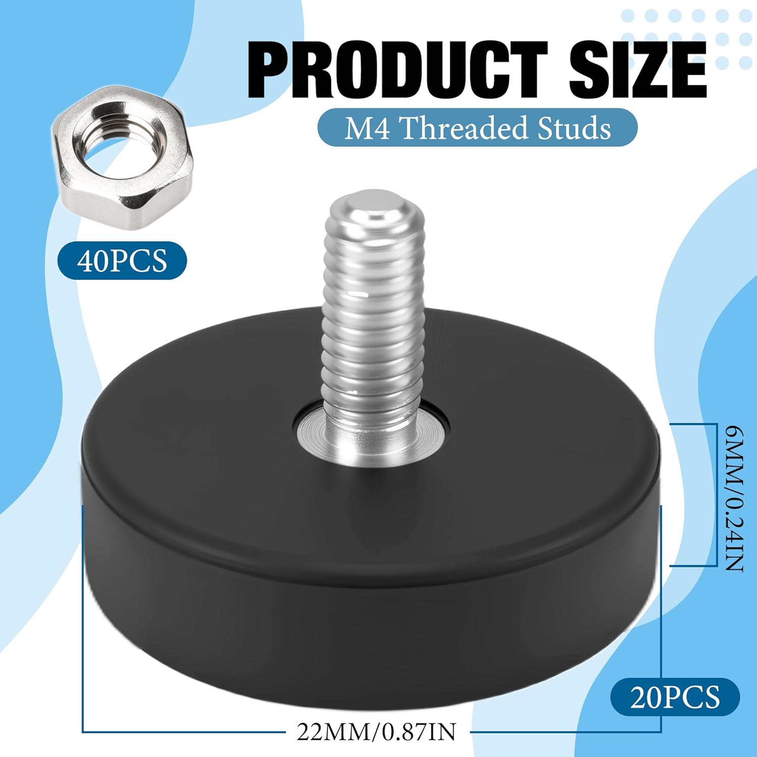 20PCS Neodymium Magnets Rubber Anti Scratch Magnet Mount Plate with M4 Male Thread Stud 22 mm 3.5kg/7.7lbs Rubber Coated Magnets Round Neodymium Magnetic Base for Lighting Camera Tool Equipment