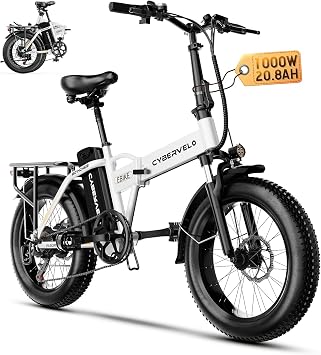 Cybervelo 750W Folding Electric Bike, 48V 20.8AH/50AH Large Removable Battery E-Bike, 80 Miles Max Range, 20" Fat Tire Electric Bike for Adults, Adult Electric Bicycles for Commute