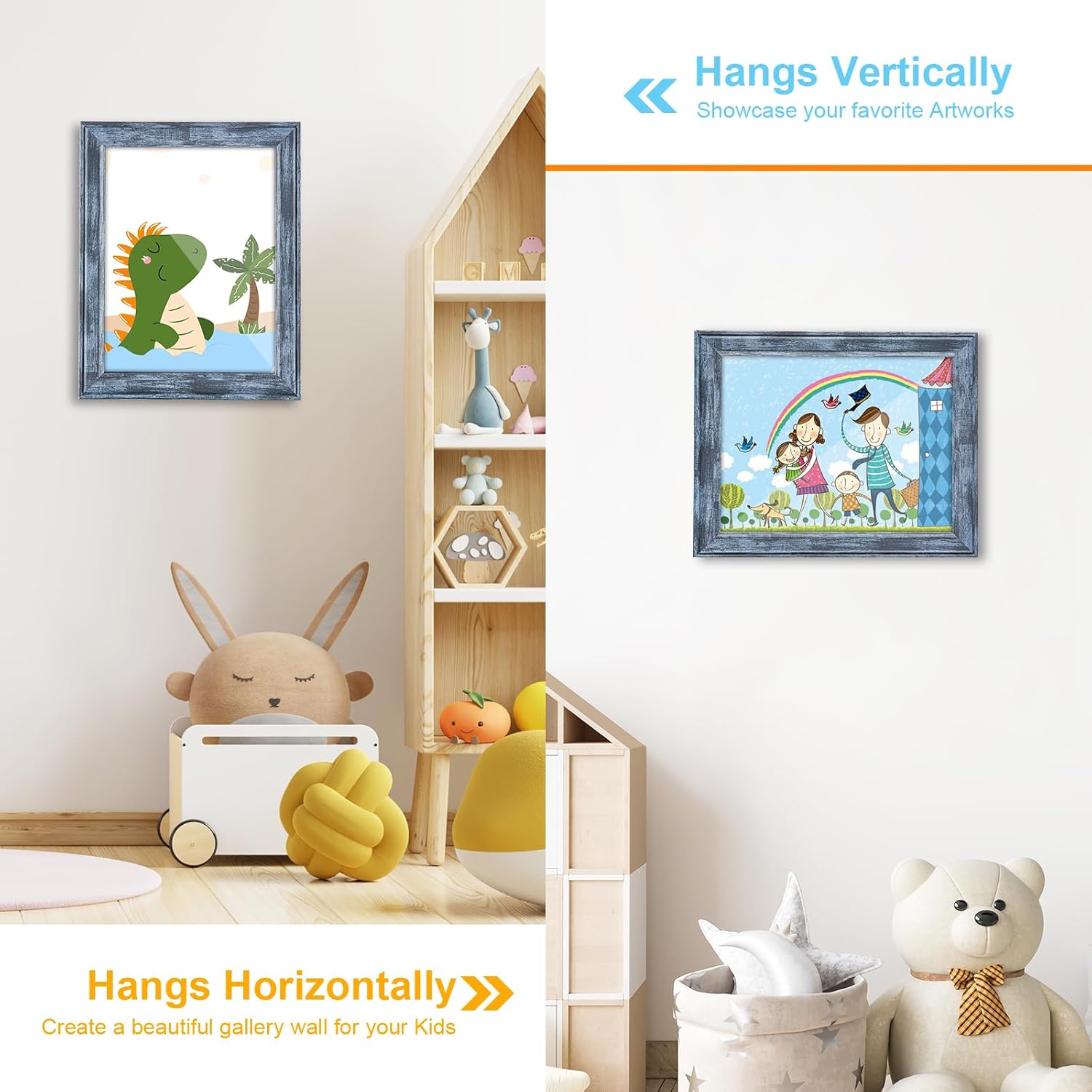 Kids Artwork Frames Changeable, [3Pack] [Solid Wood] Kids Art Frame, 9x12" Front Opening Artwork Display Storage Frame for Wall, Holds 150Pcs, for 3D Art, Crafts, Children Drawings, Hanging Art, Blue