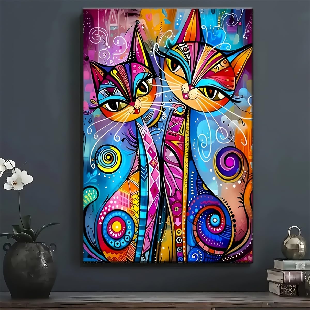 Kolorowe koty drukowane na płótnie abstrakcyjne plakaty artystyczne nowoczesny wystrój domu (50x60 cm/z ramą)