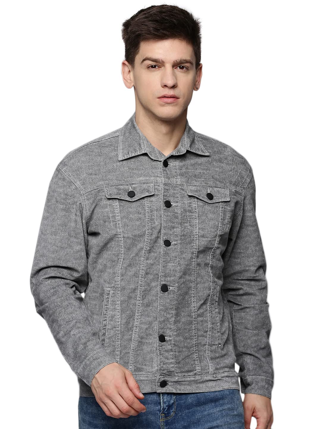 SHOWOFF Men's Spread Collar Grey Self Design Open Front Jacket-BSRN-124_Grey